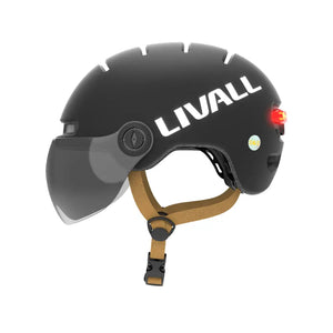 Side view of the Livall L23 smart urban cycling helmet with integrated visor, LED rear light, and adjustable brown strap.