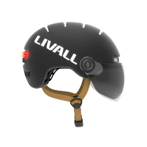 Left side view of the Livall L23 cycling helmet with sleek integrated visor and white logo