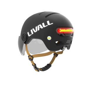 Rear angled view of the Livall L23 helmet highlighting the bright LED light