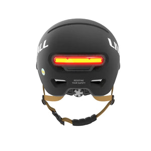Rear view of the Livall L23 smart cycling helmet highlighting the bright integrated LED safety light.