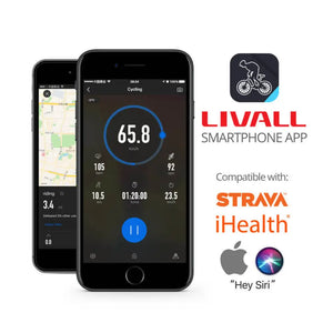 Livall smartphone app interface showing cycling data, compatible with Strava, iHealth, and Siri voice control.