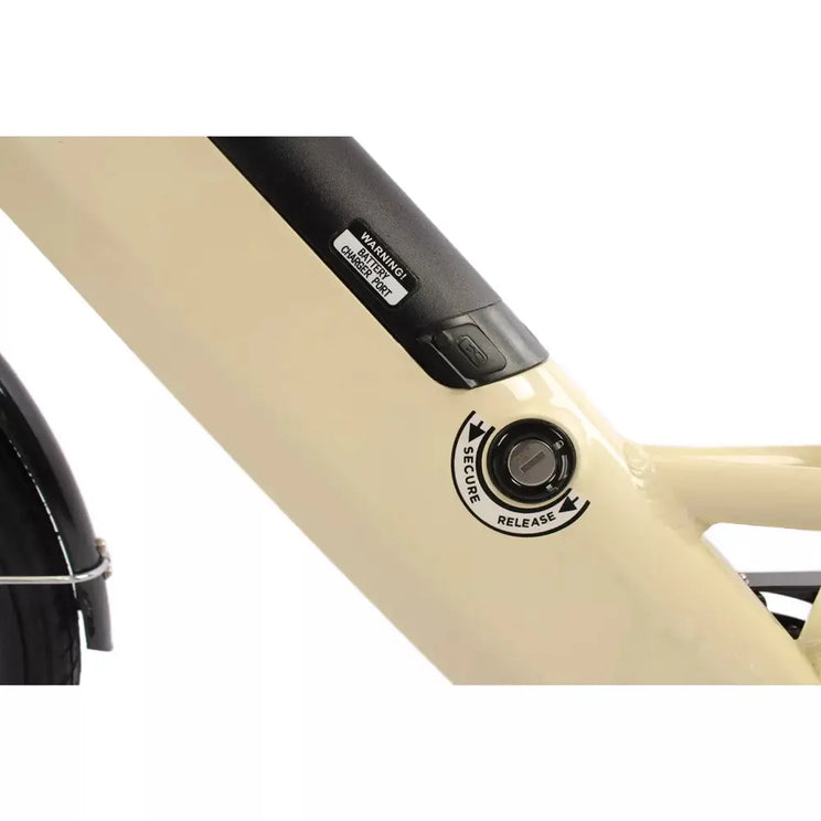 Close up of the Dallingridge Harlow V3 integrated battery lock and charging port on cream frame.