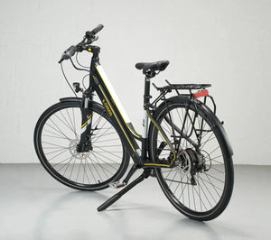 Black electric bicycle with yellow accents on a white background