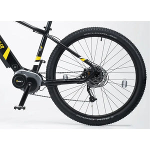 Detail shot of the rear wheel on the black Mark2 Scrambler, featuring hydraulic disc brakes and high-grip Schwalbe tyres.