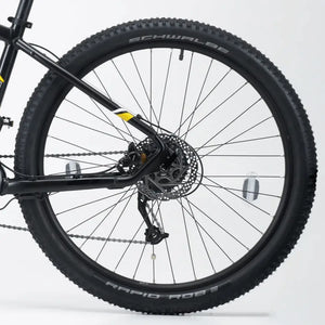Close-up of the rear wheel featuring Schwalbe Rapid Rob tires and Shimano hydraulic disc brake rotor on the Mark2 Scrambler C.