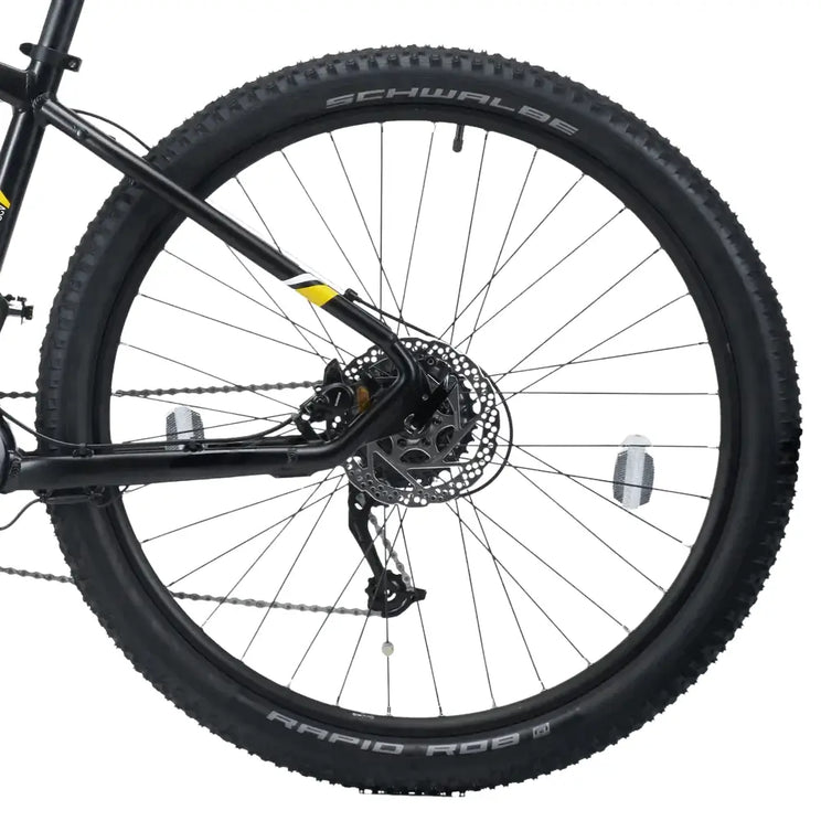 Close-up of the rear wheel featuring Schwalbe Rapid Rob tires and Shimano hydraulic disc brake rotor on the Mark2 Scrambler C.