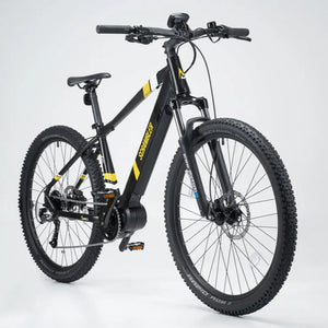 Angled view of the yellow Mark2 Scrambler C e-bike, displaying the RST Blaze suspension fork, handlebars, and off-road tires.