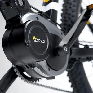 Detailed close-up of the Mark2 Scrambler C electric motor housing on the black frame, showing the Mark2 branding and reinforced mid-drive mount.