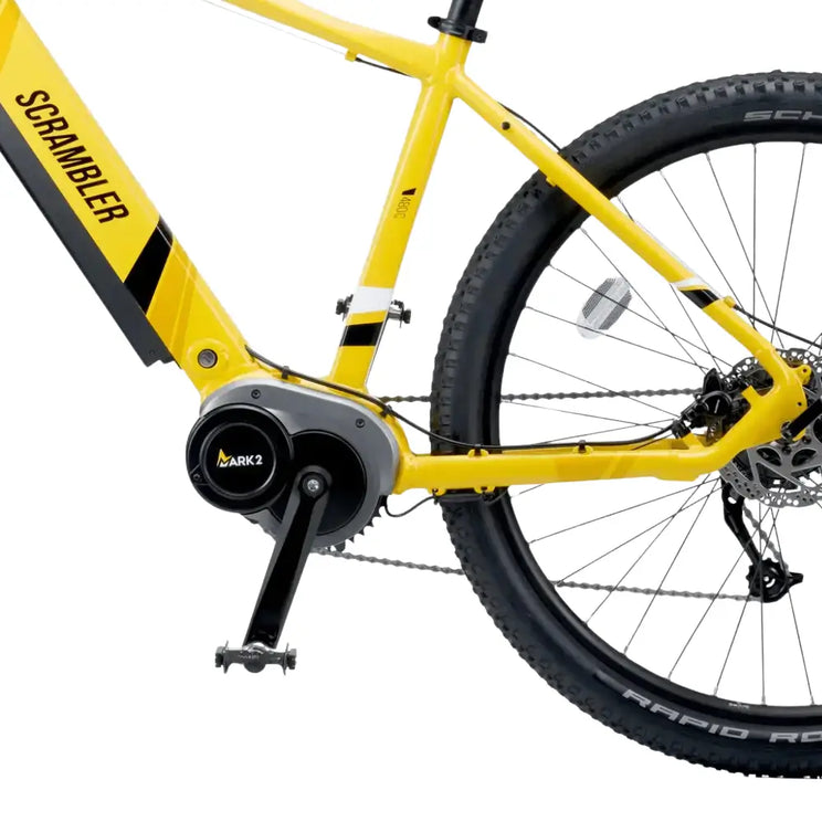 Close-up of the Mark2 Scrambler C electric bike frame in yellow, showing the high-torque 250W Promovec mid-drive motor and crank system.