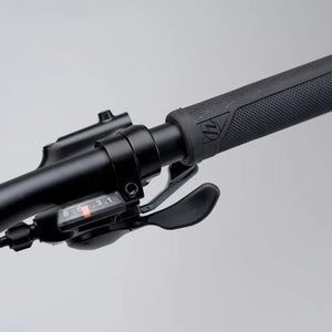 Detail of the Mark2 Scrambler C handlebar featuring the Shimano RapidFire gear shifter and ergonomic grips.