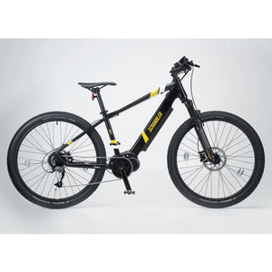 Side view of the black Mark2 Scrambler hardtail e-bike, displaying its suspension fork and sporty geometry.