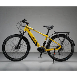 Angled view of the Mark2 Scrambler CX yellow hybrid bike, showing the high-torque motor and durable touring frame geometry.