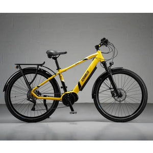 Profile shot of the yellow Mark2 Scrambler CX, highlighting its setup as a practical daily commuter with integrated touring accessories.