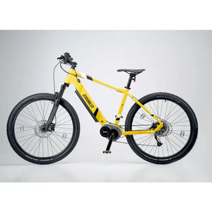 Studio profile of the yellow Mark2 Scrambler, showcasing the battery integration and 250W motor placement.