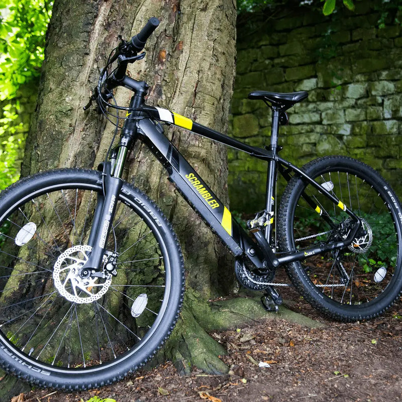 Black Mark2 Scrambler lightweight hardtail e-bike leaning against a tree in a woodland setting.