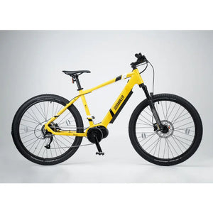 Profile shot highlighting the lightweight aluminium construction of the yellow Mark2 Scrambler e-bike.