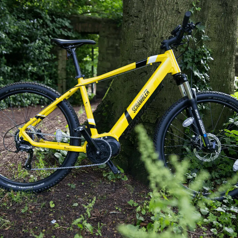 The yellow Mark2 Scrambler hardtail electric bike leaning against a tree, emphasizing its vibrant colour and outdoor readiness.