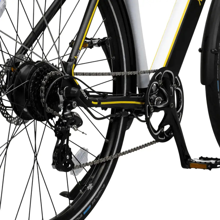 Close-up of the 250W rear hub motor and chain drive system on the Mark2 X-Cross 520 electric bike.