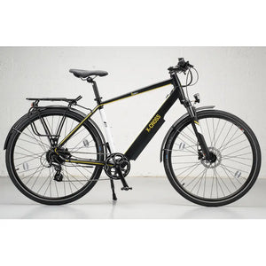 Full side profile view of the black Mark2 X-Cross 520 commuter hybrid electric bike featuring a rear rack and mudguards.