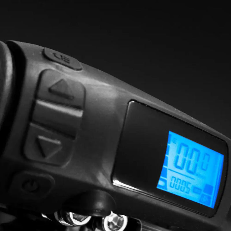 Close-up of the backlit LCD display and control buttons on the Mark2 X-Cross 520 handlebars.