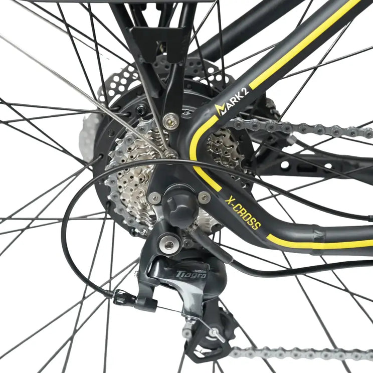 Detail shot of the Shimano Tiagra rear derailleur and cassette gears on the Mark2 X-Cross 520.