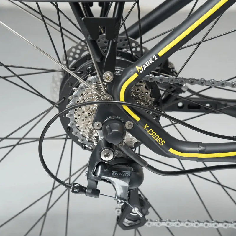 Detail shot of the Shimano Tiagra rear derailleur and cassette gears on the Mark2 X-Cross 520.