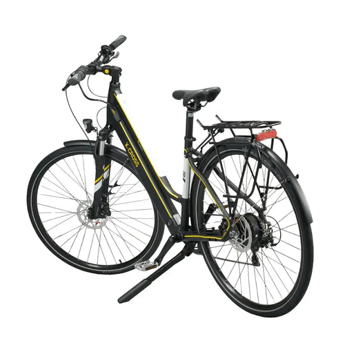 Rear angle view of the Mark2 X-Cross 450 step-through e-bike highlighting the luggage rack and integrated lights.