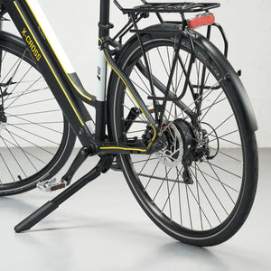 Detailed side view of the rear wheel, mudguard, and sturdy kickstand on the Mark2 X-Cross 450 electric bike.