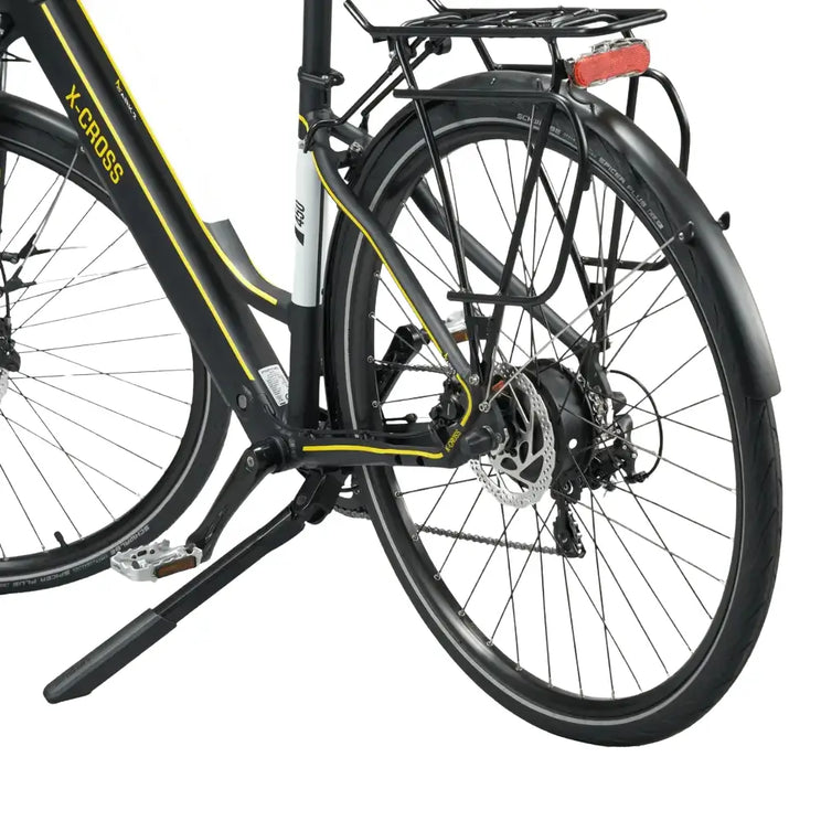 Detailed side view of the rear wheel, mudguard, and sturdy kickstand on the Mark2 X-Cross 450 electric bike.