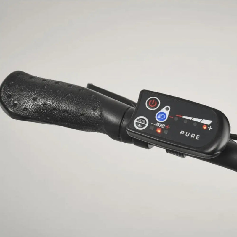 Close-up of the handlebar-mounted LED display showing battery level and assist mode indicators.