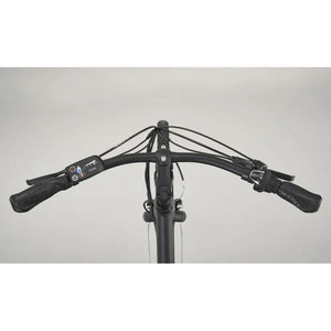 Top-down view of the handlebars showing the simple control layout and ergonomic grips on the Pure Free City.