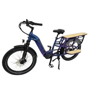 Revom C2 eCargo electric bike angled view highlighting sturdy frame, front suspension and rear cargo platform.
