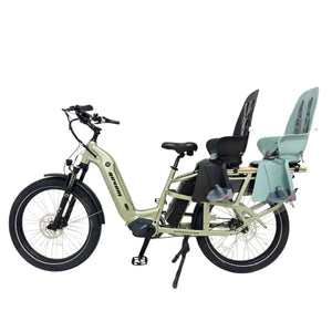 Revom C2 eCargo electric bike side view with two child seats mounted on rear rack for safe passenger carrying.
