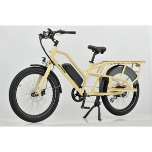 Side view of the Revom cargo electric bike in cream with a rear rack and integrated battery, designed for urban transport and load carrying.