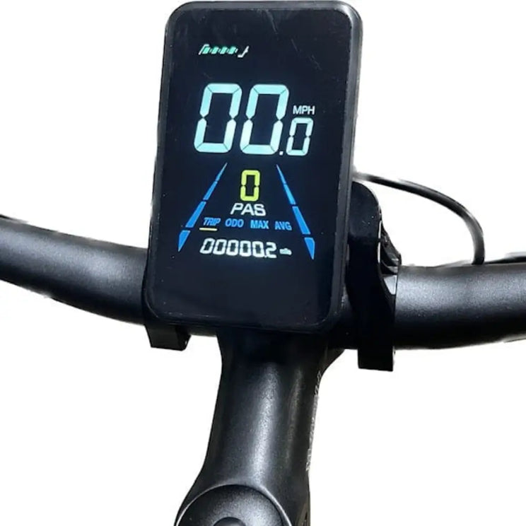Close-up of the bright color LCD dashboard on the Revom EB01 Gents handlebars displaying speed and battery life.