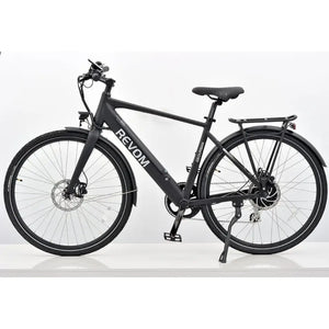 Side profile view of the black Revom EB01 gents electric bike featuring a classic diamond frame and integrated battery.