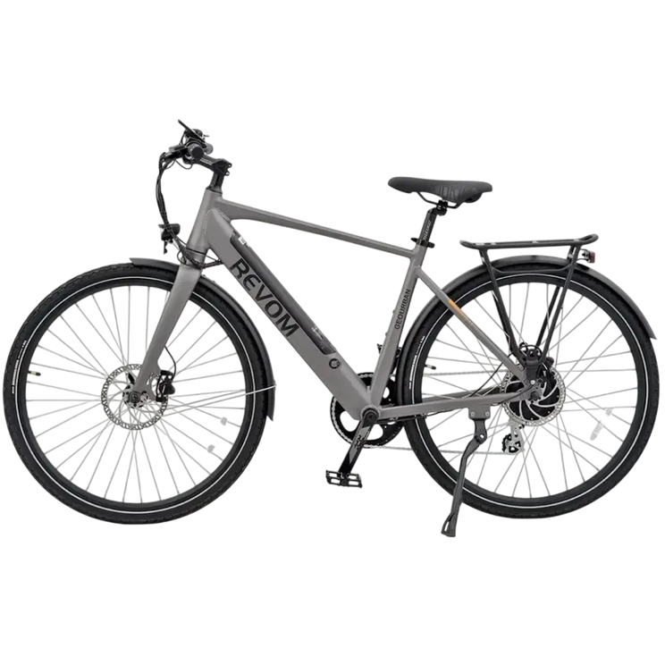 Side profile view of the grey Revom EB01 gents electric bike featuring a classic diamond frame and integrated battery.