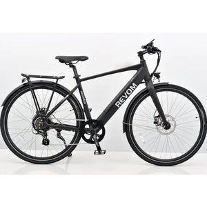 Side profile view of the black Revom EB01 gents electric bike featuring a classic diamond frame and integrated battery.