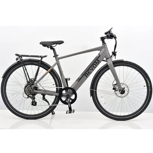 Side profile view of the grey Revom EB01 gents electric bike featuring a classic diamond frame and integrated battery.