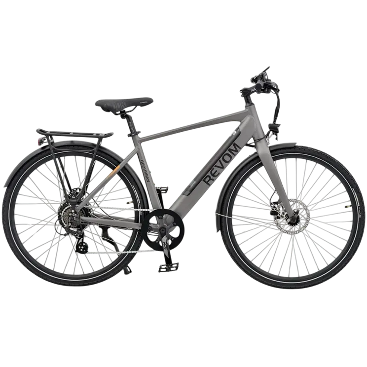 Side profile view of the grey Revom EB01 gents electric bike featuring a classic diamond frame and integrated battery.