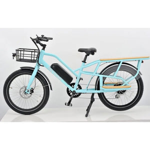 Side profile view of the blue Revom ECargo 2.3 electric bike featuring a front basket and rear wooden carrier deck.
