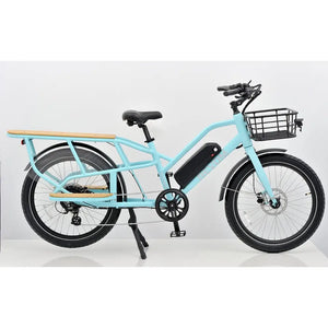 Side profile view of the blue Revom ECargo 2.3 electric bike featuring a front basket and rear wooden carrier deck.
