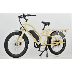 Full side view of the Revom ECargo 2.3 utility bike in a cream beige finish with black cargo accessories.