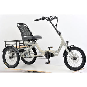 Side view of the silver Revom electric bike equipped with a cushioned seat and backrest.