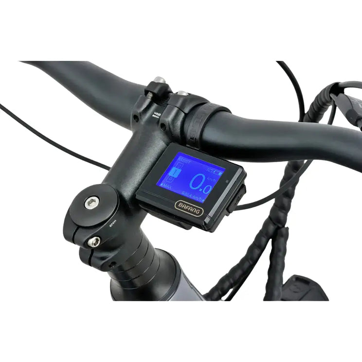 Bafang digital display screen on the Revom M1 Full-Suspension E-MTB handlebars.