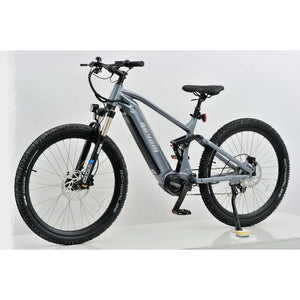 Revom M1 full-suspension e-MTB front-side view showcasing suspension fork and frame geometry.