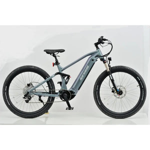 Revom M1 full-suspension electric mountain bike side view with wheels and mid-drive motor.