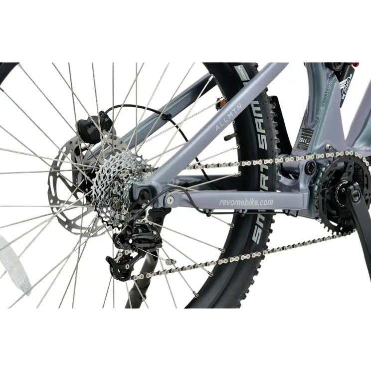 Rear derailleur and gear system of the Revom M1 Full-Suspension electric mountain bike.