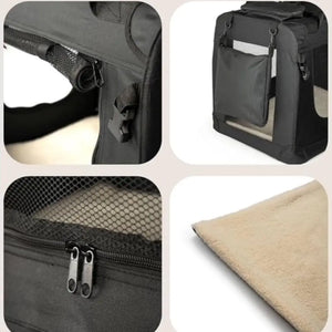 Collage showing features of the Revom pet carrier: heavy-duty zippers, breathable mesh panels, and removable fleece bedding.