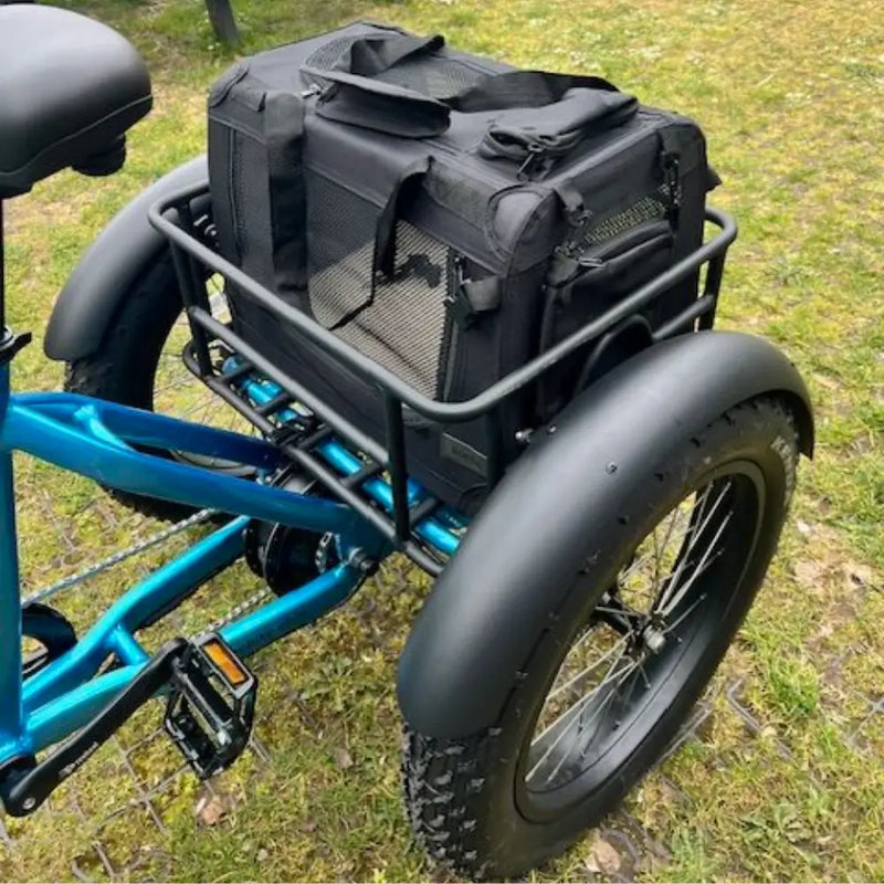 Revom pet transport bag securely mounted on the rear cargo rack of a fat tire electric tricycle.
